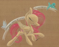 Size: 1024x820 | Tagged: safe, artist:getchanoodlewet, fluttershy, bird, pegasus, pony, motivational, old banner, positive ponies, solo, text, traditional art