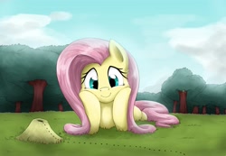 Size: 3823x2640 | Tagged: safe, artist:otakuap, fluttershy, oc, oc:fluffy the bringer of darkness, moth, pegasus, pony, animal, anthill, ants, cheek squish, cute, female, giant moth, grass, hooves on cheeks, looking at something, looking down, mare, prone, shyabetes, smiling, solo, squishy cheeks