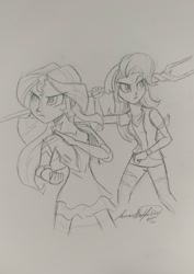 Size: 1151x1623 | Tagged: safe, artist:jadedjynx, starlight glimmer, sunset shimmer, equestria girls, beanie, fight, fighting stance, hat, river city ransom, s5 starlight, staff, staff of sameness, traditional art, video game crossover