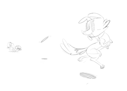 Size: 1024x737 | Tagged: safe, artist:saran rape, applejack, winona, earth pony, pony, frisbee, monochrome