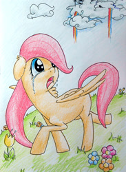 Size: 661x901 | Tagged: safe, artist:ethanolrabbit, fluttershy, pegasus, pony, cloudsdale, crying, filly, solo, traditional art, younger