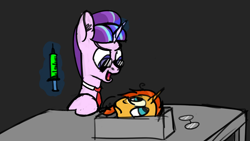 Size: 1920x1080 | Tagged: safe, artist:unity, starlight glimmer, sunburst, pony, unicorn, crossover, dead, decapitated, glasses, herbert west, necktie, re-animator, severed head, syringe