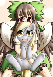 Size: 2430x3507 | Tagged: safe, artist:dyoung, derpy hooves, pony, featureless crotch, holding a pony, pixiv, reiuji utsuho, touhou