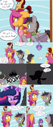 Size: 2000x4800 | Tagged: safe, artist:jake heritagu, scootaloo, starlight glimmer, twilight sparkle, twilight sparkle (alicorn), oc, oc:aero, oc:lightning blitz, alicorn, pegasus, pony, comic:ask motherly scootaloo, baby, baby pony, cloak, clothes, colt, comic, danish, dialogue, eyepatch, food, hairpin, male, motherly scootaloo, offspring, older, older scootaloo, parent:derpy hooves, parent:oc:warden, parent:rain catcher, parent:scootaloo, parents:canon x oc, parents:catcherloo, parents:warderp, pastry, scarf, silhouette, smoke, smug, smuglight glimmer, speech bubble, sweat, sweatshirt