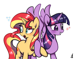 Size: 1280x1024 | Tagged: safe, artist:haden-2375, sunset shimmer, twilight sparkle, twilight sparkle (alicorn), alicorn, pony, blushing, female, heart, holding hooves, lesbian, open mouth, raised hoof, shipping, simple background, smiling, spread wings, sunsetsparkle, sweat, sweatdrops, transparent background