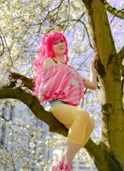 Size: 2207x3049 | Tagged: safe, artist:roboon, pinkie pie, human, clothes, cosplay, irl, irl human, off shoulder, photo, sakura con, solo, tree