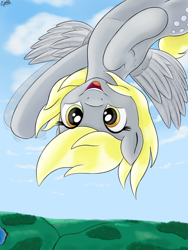 Size: 1200x1600 | Tagged: safe, artist:irregular-entity, derpy hooves, pegasus, pony, cloud, cloudy, female, flying, mare, solo, upside down