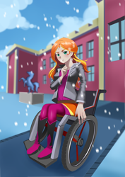 Size: 2480x3507 | Tagged: safe, artist:kiseki-ryo, derpibooru exclusive, sunset shimmer, equestria girls, canterlot high, clothes, disabled, handicapped, pantyhose, snow, solo, wheelchair, winter