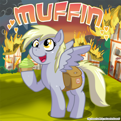 Size: 860x860 | Tagged: safe, artist:lonbluewolf, derpy hooves, pegasus, pony, artifact, bag, building, burning, cupcake, destruction, female, fire, happy, heart, hoof hold, mailbag, mare, muffin, open mouth, ponyville, smiling, solo