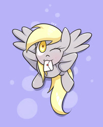 Size: 1300x1600 | Tagged: safe, artist:joycall6, derpy hooves, pegasus, pony, female, letter, mare, mouth hold, solo, wink