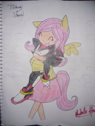 Size: 774x1032 | Tagged: safe, artist:sonadownessfan, fluttershy, human, blushing, crossover, crossover shipping, eared humanization, fluttershadow, holding, humanized, interspecies, love, shadow the hedgehog, shipping, sonic the hedgehog (series), tailed humanization, traditional art, winged humanization