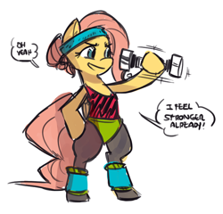 Size: 680x654 | Tagged: safe, artist:herny, fluttershy, pegasus, pony, bipedal, clothes, exercise, headband, lifting, shake weight, solo, workout