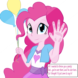 Size: 1024x1024 | Tagged: safe, artist:greeny-nyte, pinkie pie, equestria girls, against glass, balloon, clothes, dialogue, fourth wall, solo