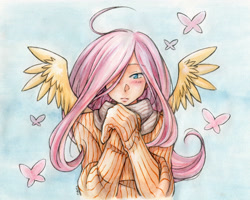 Size: 3000x2400 | Tagged: safe, artist:sotwnisey, fluttershy, human, clothes, female, hair over one eye, humanized, solo, spread wings, sweater, sweatershy, winged humanization, wings