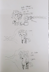 Size: 1440x2100 | Tagged: safe, artist:tjpones, starlight glimmer, twilight sparkle, twilight sparkle (alicorn), alicorn, pony, unicorn, black and white, clothes, comic, dialogue, duo, ear fluff, equal cutie mark, grayscale, lewd, lineart, monochrome, onomatopoeia, open mouth, panties, pure unfiltered evil, raygun, simple background, smiling, socks, striped socks, traditional art, underwear