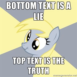 Size: 500x500 | Tagged: safe, derpy hooves, pegasus, pony, advice meme, exploitable meme, female, logic, mare, meme, mindfuck, paradox, scrunchy face, solo, the ride never ends