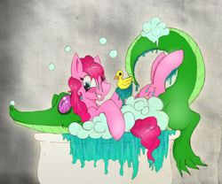 Size: 3947x3290 | Tagged: safe, artist:xenalollie, gummy, pinkie pie, earth pony, pony, bath, older, pet, rubber duck, water, wet mane