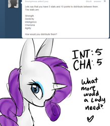 Size: 680x780 | Tagged: safe, artist:moonblizzard, rarity, pony, unicorn, ask, rarity answers, solo, tumblr