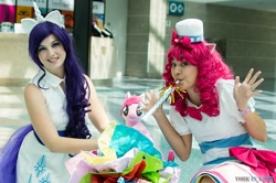 Size: 500x332 | Tagged: artist needed, safe, artist:maxpowercosplay, artist:rmtakesover, artist:unkcos8, pinkie pie, rarity, human, anime expo, clothes, cosplay, dress, gala dress, irl, irl human, party cannon, party horn, photo