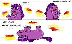 Size: 2577x1585 | Tagged: safe, derpibooru import, twilight sparkle, fluffy pony, fluffy pony original art, i'm so alone, parody, spaghetti, twifluff