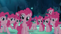 Size: 640x355 | Tagged: safe, screencap, pinkie pie, earth pony, pony, too many pinkie pies, acrimony, clone, meme, pinkie clone, youtube caption