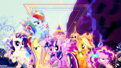 Size: 1920x1080 | Tagged: safe, artist:benybing, artist:illumnious, derpibooru import, applejack, fluttershy, pinkie pie, rainbow dash, rarity, twilight sparkle, twilight sparkle (alicorn), alicorn, earth pony, pegasus, pony, unicorn, canterlot, female, mane six, mare, rainbow power, vector, wallpaper