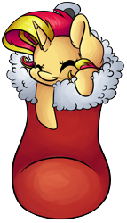 Size: 1923x3355 | Tagged: safe, artist:cutepencilcase, sunset shimmer, pony, unicorn, christmas stocking, cute, eyes closed, shimmerbetes, simple background, smiling, snug, solo, transparent background