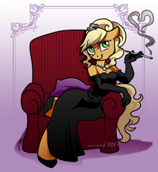 Size: 736x800 | Tagged: safe, artist:warwind, applejack, anthro, unguligrade anthro, alternate hairstyle, chair, cigarette, cigarette holder, clothes, dress, evening gloves, fancy, gloves, jewelry, long gloves, smoking, sofa, solo, tiara