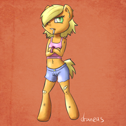 Size: 1000x1000 | Tagged: safe, artist:draneas, applejack, anthro, unguligrade anthro, 30 minute art challenge, alternate hairstyle, belly button, bellyring, cigarette, clothes, piercing, shorts, solo, teenager