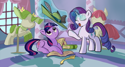 Size: 1024x554 | Tagged: safe, artist:tggeko, derpibooru import, rarity, twilight sparkle, pony, unicorn, book, carousel boutique, colored, hat, mannequin, measuring tape