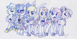 Size: 1234x628 | Tagged: safe, artist:pandan009, bon bon, derpy hooves, dj pon-3, doctor whooves, lyra heartstrings, octavia melody, sweetie drops, vinyl scratch, earth pony, pegasus, pony, unicorn, background six, clothes, dress, female, male, mare, stallion, traditional art