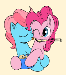 Size: 700x794 | Tagged: safe, artist:xioade, cup cake, pinkie pie, earth pony, pony, baking, blushing, cakepie, cooking, cuppie, dough, female, foodplay, lesbian, licking, messy, shipping, whisk