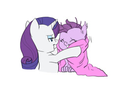 Size: 816x560 | Tagged: safe, artist:carnifex, rarity, oc, oc:lavender, dracony, hybrid, pony, unicorn, cute, female, interspecies offspring, lavandorable, mother and child, mother and daughter, offspring, parent and child, parent:rarity, parent:spike, parents:sparity, simple background, towel, white background