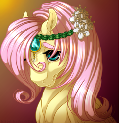 Size: 915x941 | Tagged: safe, artist:kittehkatbar, fluttershy, pegasus, pony, bust, floral head wreath, portrait, solo, thick eyebrows