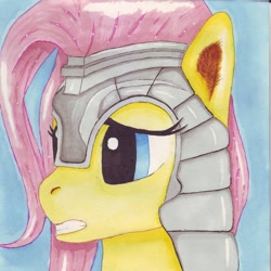 Size: 960x960 | Tagged: safe, artist:spaghettinoodles, fluttershy, private pansy, pegasus, pony, armor, cute, determined, ear fluff, frown, gritted teeth, helmet, nervous, scared, solo