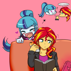 Size: 1000x1000 | Tagged: safe, artist:raika0306, sonata dusk, sunset shimmer, equestria girls, blushing, book, cute, cute little fangs, fangs, food, heart, hot dog, meat, sausage, sofa, sonatabetes