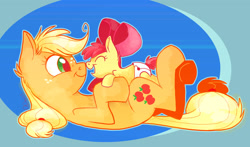 Size: 2182x1280 | Tagged: safe, artist:graystripe64, apple bloom, applejack, earth pony, pony, adorabloom, baby, baby apple bloom, baby pony, boop, cute, diaper, ear fluff, female, filly, foal, jackabetes, noseboop, on back, open mouth, profile, sisterly love, sisters, younger