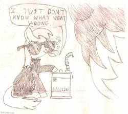 Size: 1600x1422 | Tagged: safe, artist:schluberlubs, derpy hooves, cosplay, crack, crack pipe, dialogue, fire, gasoline, health pipe, i just don't know what went wrong, monochrome, postal, postal dude, traditional art