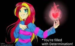 Size: 1280x800 | Tagged: safe, artist:starrynightsskies14, sunset shimmer, equestria girls, clothes, crossover, determination, fire, frisk, solo, undertale