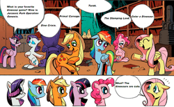 Size: 800x493 | Tagged: safe, derpibooru import, idw, applejack, fluttershy, pinkie pie, rainbow dash, rarity, twilight sparkle, twilight sparkle (alicorn), alicorn, dinosaur, earth pony, pegasus, pony, unicorn, color a dinosaur, dino crisis, exploitable meme, female, jurassic park operation genesis, mane 6 interests, mane six, mare, meme, primal carnage, the stomping land, turok