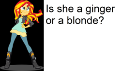 Size: 1532x900 | Tagged: safe, sunset shimmer, equestria girls, caption, hair, solo, stupid question, text