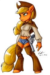 Size: 681x1024 | Tagged: safe, artist:gabbstuff, applejack, anthro, unguligrade anthro, belly button, gun, midriff, revolver, simple background, solo, weapon