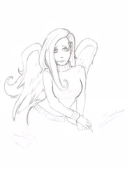 Size: 1700x2338 | Tagged: safe, artist:sundown, fluttershy, human, clothes, humanized, monochrome, solo, sweater, sweatershy, winged humanization