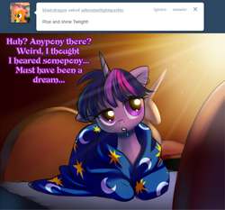 Size: 500x466 | Tagged: safe, artist:sakuyamon, derpibooru import, twilight sparkle, pony, askeostwilightsparkle, bed, bed mane, blanket, drool, morning ponies, solo, tumblr