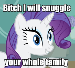 Size: 690x624 | Tagged: safe, rarity, pony, unicorn, image macro, imma snuggle you, meme, solo, vulgar