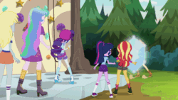 Size: 1000x563 | Tagged: safe, edit, edited screencap, screencap, applejack, princess celestia, principal celestia, rarity, sci-twi, spike, spike the regular dog, sunset shimmer, twilight sparkle, dog, earth pony, pony, equestria girls, legend of everfree, animated, converse, gif, human to pony, i can't believe it's not superedit, implied transformation, open mouth, running, shocked, shoes, species swap, wat, wide eyes