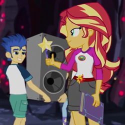 Size: 425x425 | Tagged: safe, screencap, flash sentry, sunset shimmer, equestria girls, legend of everfree, book, carrying, cropped, pen, shipping fuel, speaker