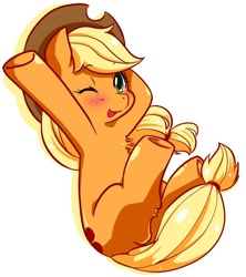 Size: 496x558 | Tagged: safe, artist:yukandasama, applejack, earth pony, pony, chest fluff, pixiv, solo, underhoof, wink