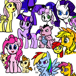 Size: 840x840 | Tagged: safe, artist:tory, derpibooru import, apple bloom, applejack, fluttershy, pinkie pie, rainbow dash, rarity, scootaloo, spike, sweetie belle, twilight sparkle, dragon, earth pony, pegasus, pony, unicorn, g1, cutie mark crusaders, duality, mane seven, mane six, pixiv