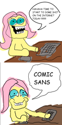 Size: 900x1800 | Tagged: safe, fluttershy, pegasus, pony, comic, comic sans, computer mouse, fluttershy starting shit, keyboard, text, vulgar